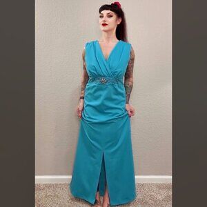 60s Robin Egg Blue Maxi Sheath Column Dress Rhinestone MCM Mod Rockabilly L